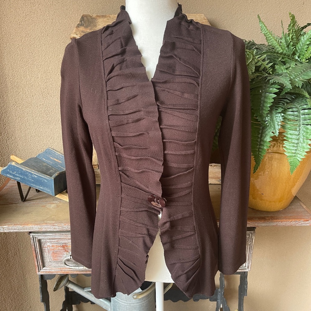 Komarov Ruffled Chocolate Brown Snap Front Cardigan Size Small EUC!